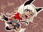  1girl animal_ears belt blood blue_eyes bob_cut breasts cat_ears claws collar fang female fingerless_gloves gloves midriff ms._fortune_(skullgirls) nadia_fortune open_mouth scar severed_head sharp_nails short_hair skullgirls sleeveless sleeveless_turtleneck smile solo tail teatime_(mike) teeth toes tongue tongue_out turtleneck underboob white_hair 