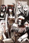  6+girls abyssal_admiral_(kantai_collection) arm_hug bad_id bad_pixiv_id battleship_hime black_hair breasts claws female_abyssal_admiral_(kantai_collection) gas_mask grin hat highres hood hoodie horn horns jewelry kantai_collection large_breasts long_hair looking_at_viewer meth_(emethmeth) military military_uniform mittens multiple_girls naval_uniform northern_ocean_hime pale_skin peaked_cap re-class_battleship red_eyes ring seaport_hime shinkaisei-kan sitting smile sword ta-class_battleship uniform weapon white_hair white_skin 