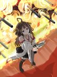  ahoge black_eyes black_legwear brown_hair detached_sleeves doraragi extended_barrel fate_(series) gate_of_babylon gilgamesh gun handgun headgear highres kantai_collection kongou_(kantai_collection) long_hair m1911 nontraditional_miko parody racking_slide solo standing weapon 