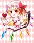  argyle argyle_background ascot blonde_hair bow chitose_(usacan) flandre_scarlet hat hat_bow heart highres mob_cap open_mouth puffy_short_sleeves puffy_sleeves red_eyes short_sleeves side_ponytail smile solo touhou upper_body wings wrist_cuffs 