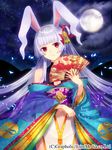  animal_ears bad_id bad_pixiv_id banned_artist bunny_ears detached_sleeves fan folding_fan full_moon hair_ornament head_tilt highres holding japanese_clothes kimono long_hair looking_at_viewer moon navel official_art priget_plus red_eyes silver_hair solo yusano 