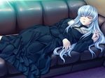  black_dress blue_hair closed_eyes couch dress game_cg grace_okuryo ino long_hair ryoujoku_guerilla_gari_2 sleeping solo 