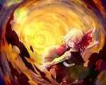  blonde_hair darkness frilled_skirt frills hair_ribbon highres looking_at_viewer looking_back naozi outstretched_arms ribbon rumia shirt short_hair skirt spread_arms touhou twilight vest 