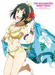  :d armband bare_shoulders barefoot bikini bracelet breasts brown_eyes cleavage cover dvd_cover floral_print flower frilled_bikini frills green_hair hair_flower hair_ornament hairband hibiscus idolmaster idolmaster_(classic) jewelry leg_up looking_at_viewer medium_breasts mole mole_under_mouth navel necklace official_art open_mouth otonashi_kotori short_hair side-tie_bikini smile solo swimsuit towel yellow_bikini 