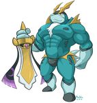  2014 aegislash anthro biceps big_muscles body_hair chest_hair clothing cobalion legendary_pok&eacute;mon maldu male muscles nintendo nipples pecs plain_background pok&eacute;mon solo sword underwear video_games weapon 