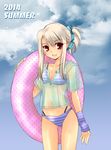  2014 :d albino alternate_costume alternate_hairstyle arm_warmers bangs bikini bikini_under_clothes blue_bikini blue_sky buttons cloud covered_navel cowboy_shot day fate/stay_night fate_(series) flat_chest hair_up highleg highleg_bikini highleg_swimsuit holding illyasviel_von_einzbern long_hair looking_at_viewer natsuru333 open_mouth outdoors ponytail red_eyes scrunchie see-through shirt short_ponytail short_sleeves sky smile solo standing striped striped_bikini swimsuit swimsuit_under_clothes unbuttoned white_hair 