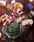 :o absurdres apron bad_id bad_pixiv_id bell blonde_hair book boots brown_eyes checkered cross-laced_footwear fetal_position frilled_skirt frills hair_bell hair_ornament highres knee_boots lying motoori_kosuzu on_side red_eyes s-syogo shirt short_hair skirt solo touhou waist_apron 