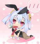  ahoge all_fours animal_ears aqua_hair blue_hair blush breasts bunny_ears bunny_tail bunnysuit carrot chibi cleavage detached_collar flying_sweatdrops full-face_blush full_body gradient gradient_background hair_ornament high_heels highres large_breasts looking_at_viewer matoi_(pso2) milkpanda mouth_hold necktie outline pantyhose phantasy_star phantasy_star_online_2 pink_background red_eyes solo spoken_blush star tail white_background wrist_cuffs 