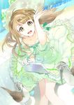  1girl :d bird blue-footed_booby brown_eyes brown_hair casual dress green_dress hand_up hat highres long_hair looking_at_viewer love_live! love_live!_school_idol_project minami_kotori open_mouth smile solo wide-eyed 