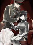  1girl akitsu_maru_(kantai_collection) black_eyes black_hair black_legwear chair deco_(geigeki_honey) gloves hand_on_another's_arm hat holster imperial_japanese_army kantai_collection military military_uniform pale_skin peaked_cap pleated_skirt short_hair sitting skirt thighhighs twitter_username uniform white_gloves 