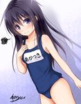  akatsuki_(kantai_collection) alternate_costume artist_name bare_arms bare_shoulders black_hair blush hand_on_own_chest haryuu_(poetto) kantai_collection long_hair looking_at_viewer name_tag one-piece_swimsuit purple_eyes school_swimsuit signature solo squiggle swimsuit wavy_mouth 