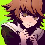  brown_eyes brown_hair crossdressing danganronpa danganronpa_1 fujisaki_chihiro green_background ilya_kuvshinov looking_at_viewer male_focus otoko_no_ko short_hair simple_background solo 