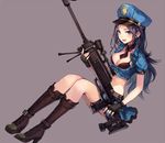  black_hair blue_eyes boots breasts caitlyn_(league_of_legends) cleavage fingerless_gloves full_body gloves gun hat large_breasts league_of_legends long_hair momoko_(momopoco) officer_caitlyn rifle scope simple_background skirt smile solo weapon 