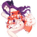  ass bare_shoulders blush bottomless bow frown hair_bow hanayamata highres japanese_clothes kimono long_hair lying no_bra no_panties on_side purple_eyes purple_hair sasame_yaya solo sweatdrop takeda_yukimura wavy_mouth yukata 