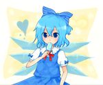  arm_ribbon blue_eyes blue_hair bow bowtie cirno collared_shirt dress dress_shirt eating flower food frilled_shirt_collar frills hair_bow heart ice ice_cream ice_wings looking_at_viewer mayo_(mayomr29) puffy_short_sleeves puffy_sleeves ribbon shirt short_hair short_sleeves solo touhou upper_body white_shirt wings 