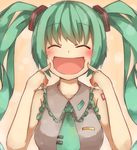  ^_^ baron_(x5qgeh) blush closed_eyes fingers_to_cheeks green_hair hair_ornament hatsune_miku long_hair necktie open_mouth smile solo twintails upper_body vocaloid 
