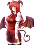  ahoge bat_wings black_legwear breasts cowboy_shot demon_tail fukunaga_kazuhiro hand_on_own_chest head_wings highres koakuma large_breasts long_hair low_wings miniskirt necktie red_eyes red_hair skirt solo tail thighhighs touhou vest white_background wings zettai_ryouiki 