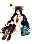  bad_id bad_pixiv_id black_wings bloomers bow brown_hair full_body hair_bow holding_legs knbilove long_hair ponytail red_eyes reiuji_utsuho solo third_eye touhou underwear very_long_hair white_background wings 