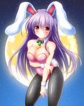  animal_ears arm_support ascot bare_arms bare_shoulders between_breasts black_legwear black_ribbon blush blush_stickers breast_hold breasts bunny_ears bunny_girl bunnysuit carrot choker cleavage covered_navel crescent food fruit full_moon highres large_breasts leaning_forward leotard long_hair looking_at_viewer moon navel open_mouth osashin_(osada) pantyhose pink_leotard purple_hair red_eyes reisen_udongein_inaba ribbon smile solo sweatdrop thigh_gap touhou very_long_hair wrist_cuffs 
