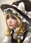  blonde_hair bow braid eyelashes hair_ribbon hat hat_bow highres kirisame_marisa lips looking_away nose pandawei parted_lips portrait realistic ribbon short_sleeves single_braid solo touhou white_bow witch_hat yellow_eyes 