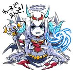  1girl bare_shoulders barefoot bat_wings black_skirt blue_eyes blush_stickers clenched_teeth collarbone crossover demon_girl demon_horns full_body genderswap halo horns long_hair looking_at_viewer multiple_arms multiple_wings navel pikomarie purple_skin puzzle_&amp;_dragons satan_(p&amp;d) sharp_teeth simple_background sitting skirt solo spikes spot_color staff teeth translation_request vambraces very_long_hair white_background white_hair wings 
