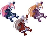  :q alternate_color arm_up black_capelet boots brown_eyes brown_hair capelet disgaea disgaea_d2 dress earrings full_body grey_hair hair_ribbon hairband harada_takehito index_finger_raised jewelry long_hair mage_(disgaea) multiple_girls official_art pink_hair pointy_ears purple_capelet purple_eyes red_capelet red_eyes ribbon shawl tongue tongue_out variations very_long_hair white_background 