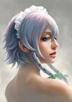  blue_eyes braid eyelashes from_behind grey_background hair_ribbon highres izayoi_sakuya lips looking_at_viewer looking_back maid_headdress nape nose nude pandawei parted_lips portrait realistic ribbon short_hair short_hair_with_long_locks sideways_glance silver_hair solo touhou twin_braids 