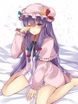  bare_legs barefoot bed bow hair_bow hair_ribbon hat long_hair looking_at_viewer mob_cap nagisa3710 one_eye_closed patchouli_knowledge purple_eyes purple_hair ribbon sitting sketch solo touhou very_long_hair waking_up 