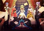  5girls bad_end_night_(vocaloid) blue_eyes blue_hair brown_hair butler dress fan folding_fan formal green_hair gumi hair_ribbon hat hatsune_miku japanese_clothes kagamine_len kagamine_rin kaito kamui_gakupo kimono long_hair maid mask megurine_luka meiko multiple_boys multiple_girls pink_hair purple_eyes purple_hair red_eyes ribbon short_hair smile suit suzunosuke_(sagula) top_hat twintails very_long_hair vocaloid 