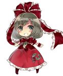  :d bow chibi grey_eyes grey_hair hair_bow hair_ribbon kagiyama_hina long_hair looking_at_viewer miyakure open_mouth outstretched_arms ribbon simple_background smile solo spread_arms touhou white_background wrist_cuffs 