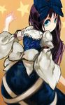  arm_up back black_hair blue_eyes hair_ornament hair_ribbon highres long_hair long_sleeves looking_at_viewer looking_back no_wings onion_(onion_and_pi-natto) puffy_sleeves ribbon simple_background smile star star_sapphire touhou wide_sleeves yellow_background 