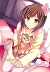  animal_ears brown_eyes brown_hair cat cat_ears cat_tail collarbone idolmaster idolmaster_cinderella_girls jewelry kamanatsu kemonomimi_mode looking_at_viewer maekawa_miku necklace no_shoes short_hair sitting solo tail thighhighs wariza white_legwear 