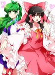  bad_id bad_pixiv_id bare_shoulders black_hair bow gohei green_eyes green_hair hair_bow hair_tubes hakurei_reimu haraegushi heart knbilove kochiya_sanae multiple_girls oonusa red_eyes sash snake touhou 