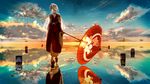  asa_no_ha_(pattern) blonde_hair cloud cloudy_sky floral_print hair_ornament highres horizon japanese_clothes kagamine_rin nine_(plantroom9) one_eye_closed oriental_umbrella quareallel_(vocaloid) reflection short_hair sky solo umbrella vocaloid walking walking_on_liquid water 