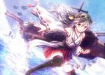  brown_eyes clenched_hand detached_sleeves grey_hair haruna_(kantai_collection) kantai_collection long_hair looking_at_viewer machinery military military_vehicle non_(nobu) nontraditional_miko ocean pleated_skirt ship skirt solo thighhighs turret warship watercraft zettai_ryouiki 