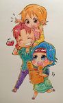  blue_hair carrying chibi daughter family graphite_(medium) mohawk mother mother_and_daughter nami nami_(one_piece) nojiko one_piece onexone orange_hair pencil_(medium) pink_hair ponytail siblings sisters traditional_media younger 