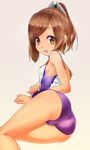  ass bare_shoulders blush brown_eyes brown_hair highres i-401_(kantai_collection) kantai_collection looking_at_viewer one-piece_swimsuit open_mouth ponytail sailor_collar sailor_one-piece_swimsuit school_swimsuit school_uniform short_hair short_ponytail smile solo swimsuit swimsuit_lift ueda_torini 