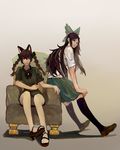  adapted_costume alternate_costume animal_ears armchair black_eyes black_hair black_legwear bow braid cat_ears chair dorsiflexion dress gradient gradient_background green_dress hair_bow hair_ornament hair_ribbon high_heels highres kaenbyou_rin kneehighs long_hair looking_at_viewer multiple_girls no_wings onion_(onion_and_pi-natto) puffy_sleeves red_eyes red_hair reiuji_utsuho ribbon shirt short_sleeves sitting skirt smile touhou twin_braids vest 