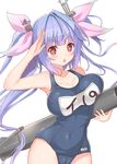  bangs blue_hair blunt_bangs blush breasts cameltoe carrying_under_arm chestnut_mouth covered_navel cowboy_shot gradient_hair hair_ornament hair_ribbon highres holding holding_torpedo i-19_(kantai_collection) kagerou_(shadowmage) kantai_collection large_breasts looking_at_viewer multicolored_hair name_tag one-piece_swimsuit red_eyes ribbon salute school_swimsuit simple_background solo star star-shaped_pupils swimsuit symbol-shaped_pupils torpedo tri_tails twintails white_background 