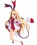  bare_legs blonde_hair bow disgaea disgaea_d2 earrings flonne flonne_(fallen_angel) frills full_body hair_ribbon hairband harada_takehito high_heels jewelry leg_garter leotard long_hair official_art pointy_ears red_eyes red_leotard ribbon smile solo tail tail_bow very_long_hair white_background 