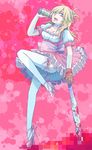  1girl alcohol atrium_(artist) bad_girl bat beer blonde_hair breasts cleavage dress drinking garter_straps gloves grasshopper_manufacture high_heels long_hair looking_at_viewer medium_breasts no_more_heroes pink_dress thighhighs 