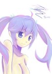  2014 :3 ahoge breasts closed_mouth collarbone colored_eyelashes dated green_ribbon grisaia_(series) grisaia_no_kajitsu hair_between_eyes hair_ribbon highres long_hair looking_at_viewer matsushima_michiru medium_breasts nude purple_eyes purple_hair ribbon simple_background smile tareme twintails upper_body white_background 