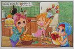  3girls bellemere birthday book box cake chibi clothes_writing daughter family food fruit gift gift_box kitchen mohawk mother mother_and_daughter multiple_girls nami nami_(one_piece) nojiko one_piece onexone orange orange_hair pink_hair ponytail present siblings sisters table 