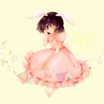  animal_ears barefoot brown_hair bunny_ears bunny_tail frills full_body gathers hand_on_own_cheek hand_on_own_face inaba_tewi jewelry mayo_(mayomr29) one_eye_closed pendant red_eyes ribbon short_hair simple_background skirt skirt_set smile solo tail touhou triangle yellow_background 