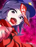  bad_id bad_pixiv_id blood blood_on_face fangs hat knbilove miyako_yoshika ofuda purple_eyes purple_hair solo tongue tongue_out touhou 