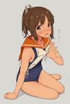 arm_support bad_id bad_pixiv_id bare_shoulders barefoot blush brown_eyes brown_hair i-401_(kantai_collection) kantai_collection looking_at_viewer one-piece_swimsuit open_mouth ponytail saboten sailor_collar school_swimsuit school_uniform shirt_lift short_hair short_ponytail sitting smile solo sweat swimsuit swimsuit_under_clothes tan tanline translated yokozuwari 