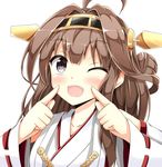  :d ;d ahoge aikawa_ryou bare_shoulders black_eyes blush brown_hair detached_sleeves double_bun fingers_to_cheeks hairband headgear highres japanese_clothes kantai_collection kongou_(kantai_collection) long_hair looking_at_viewer md5_mismatch nontraditional_miko one_eye_closed open_mouth simple_background smile solo upper_body white_background 