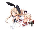  all_fours animal_ears bare_shoulders black_panties blonde_hair bow bunny_ears elbow_gloves fake_animal_ears full_body gloves grey_eyes hair_bow highres kantai_collection long_hair looking_at_viewer moegi_nenene no_pants panties school_uniform serafuku shimakaze_(kantai_collection) solo striped striped_legwear thighhighs underwear very_long_hair white_gloves 