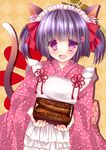  :d animal_ears bad_id bad_pixiv_id bow carrying cat_ears cat_tail eel grey_hair hair_bow hair_ornament hair_ribbon hairclip japanese_clothes lolita_fashion looking_at_viewer maid_headdress open_mouth original purple_eyes ribbon rikatan smile solo tail twintails wa_lolita 