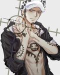  1boy achyue doctor earrings facial_hair goatee hat jewelry kirayoci male_focus one_piece open_clothes open_shirt shirt syringe tattoo trafalgar_law yellow_eyes 